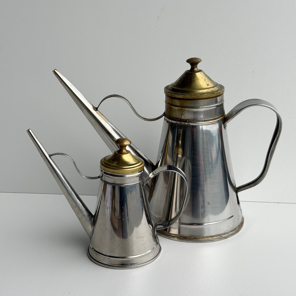 Set of Vintage Oil Can Dispensers Stainless Brass Primitive Old World Kitchen